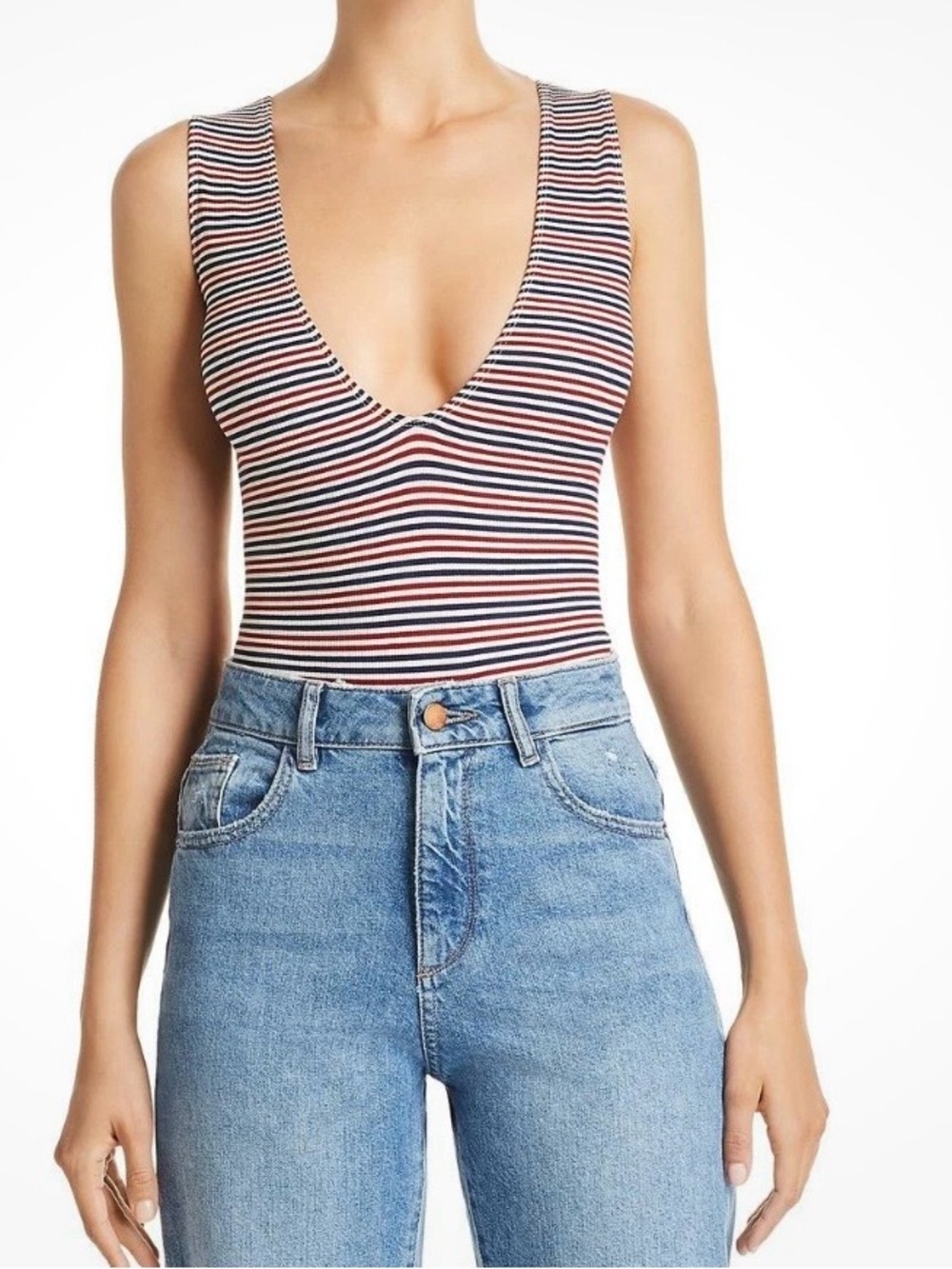 Little Black Striped Deep V-Neck Tank Bodysuit - Red/Black Size S